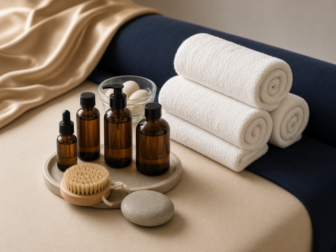 Düzenli dizilmiş spa yağları, havlular ve masaj masası