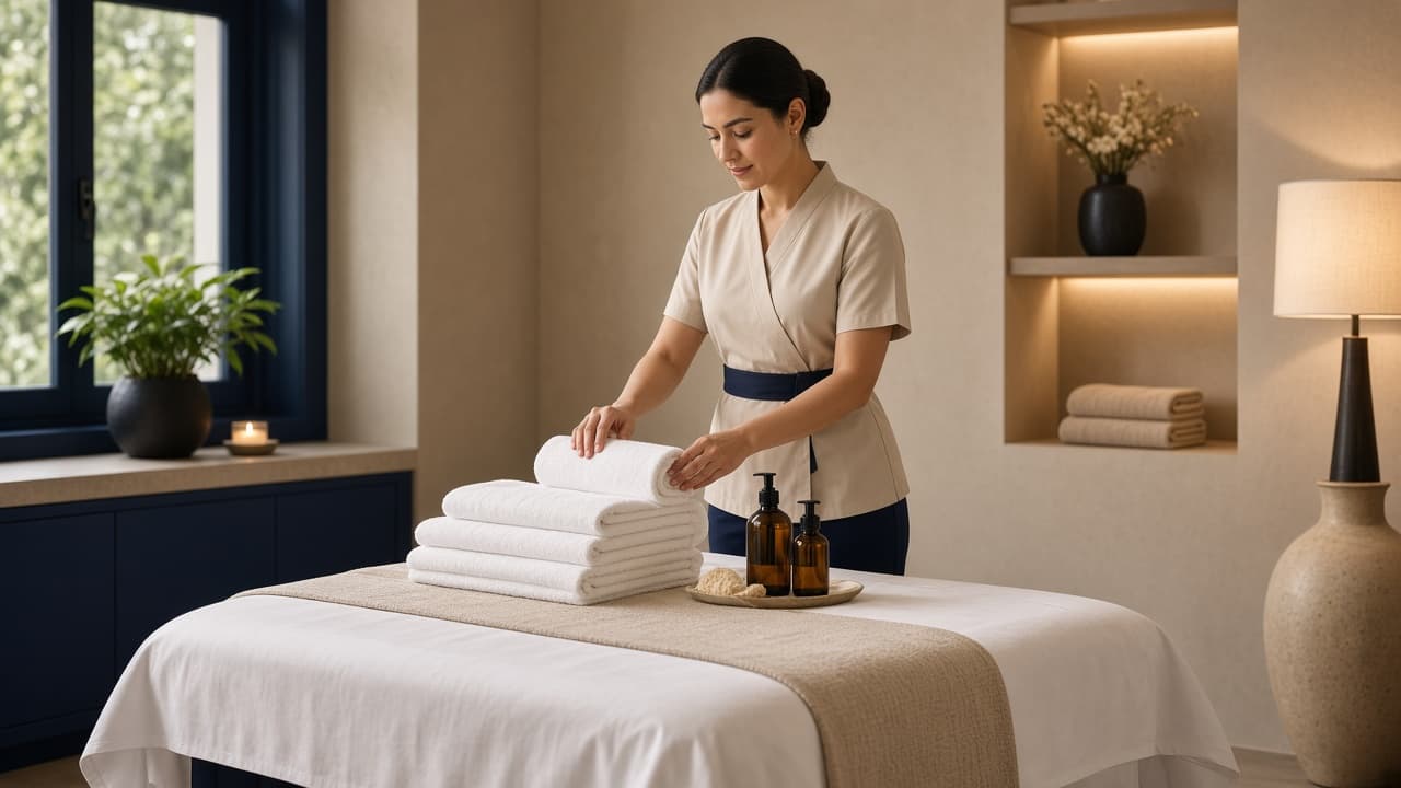 Spa tedavi odasında masaj seansı hazırlığı yapan uzman